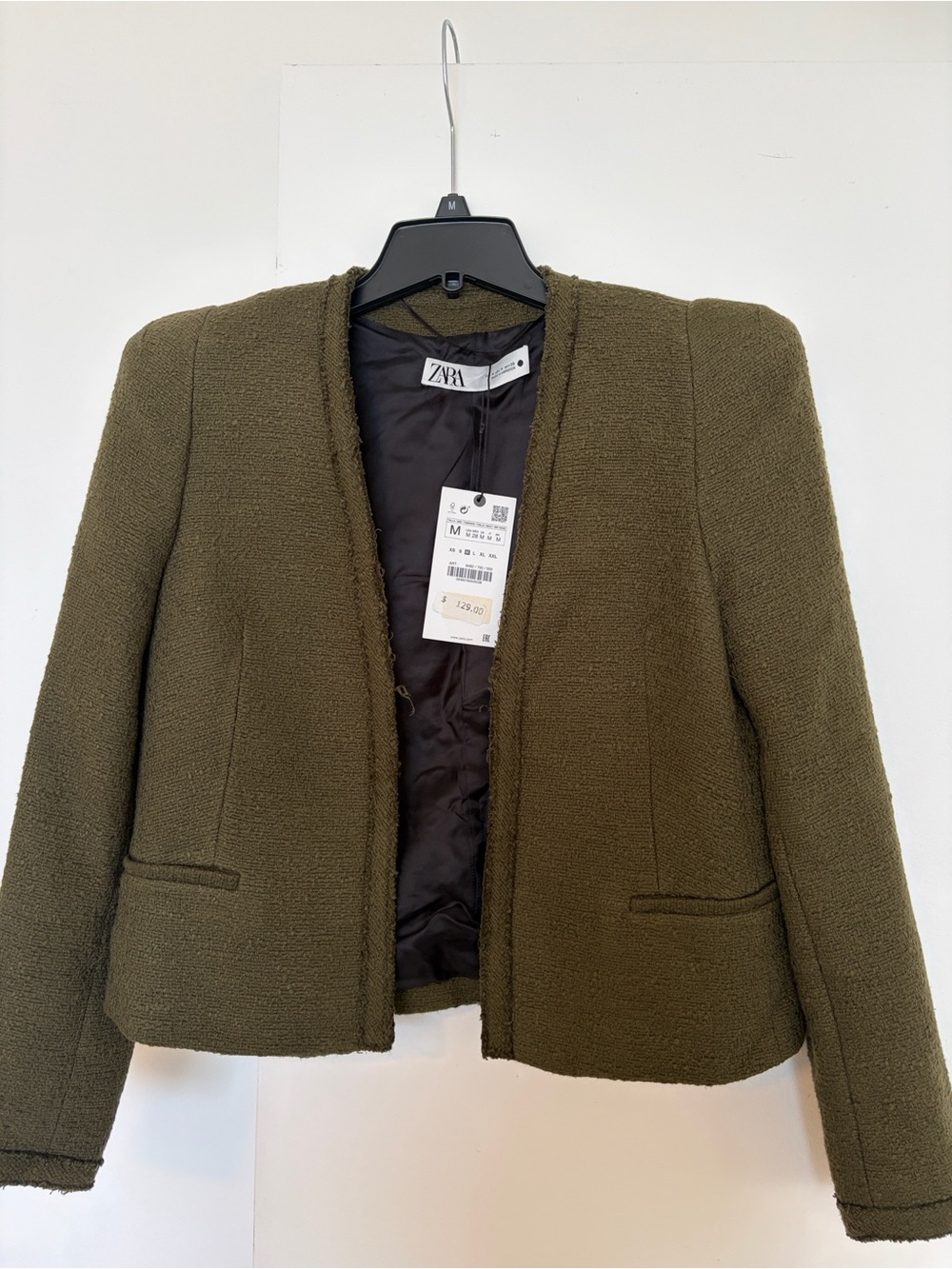 Zara Olive Green Textured Collarless Blazer